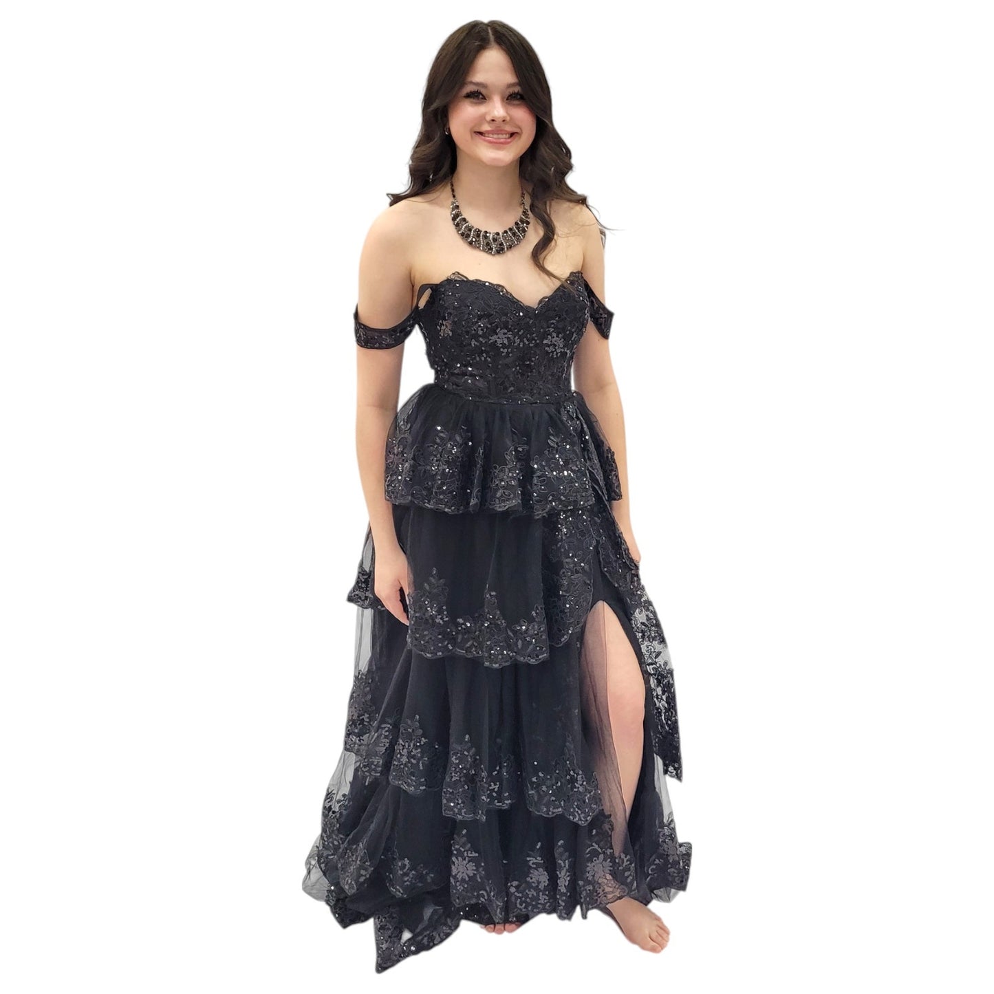 Black Tiered Sequin Gown with Off Shoulder Straps and Corset Back with Slit