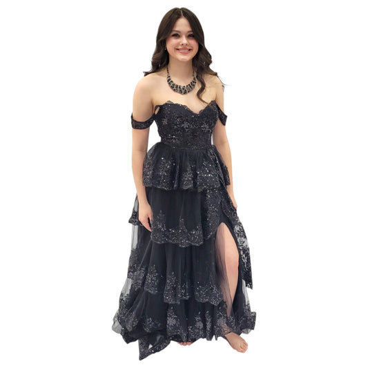 Black Tiered Sequin Gown with Off Shoulder Straps and Corset Back with Slit