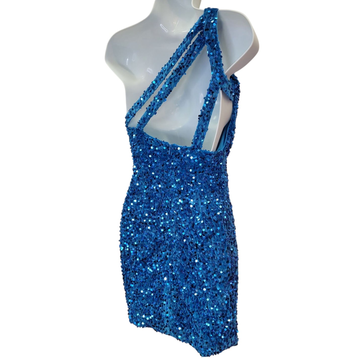 Women's Short One Shoulder Strappy Sequin Dress in Sky Blue