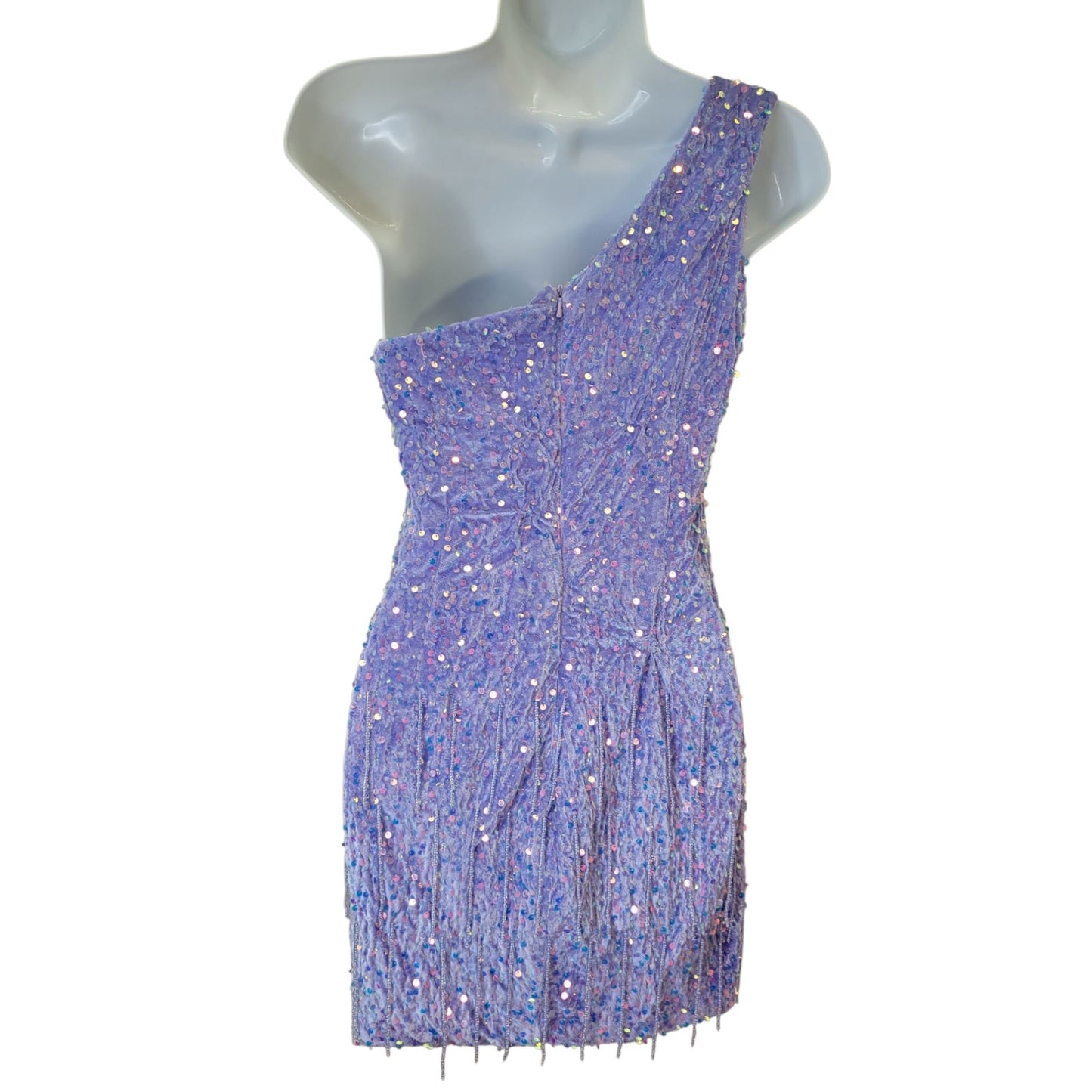 Women's Short Purple Sequin One Shoulder Dress with Beaded Fringe