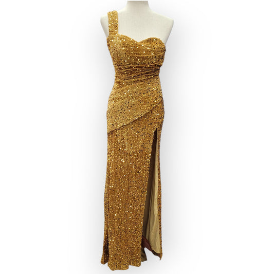 Gold One Shoulder Evening Gown with Gathered Waist and Corset Back