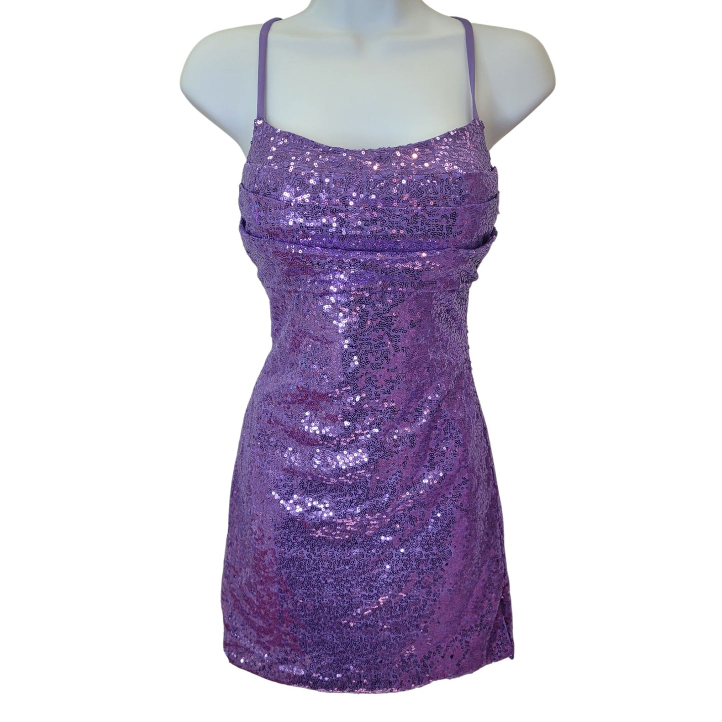 Women's Short Purple Sequin Dress with Strappy Corset Back