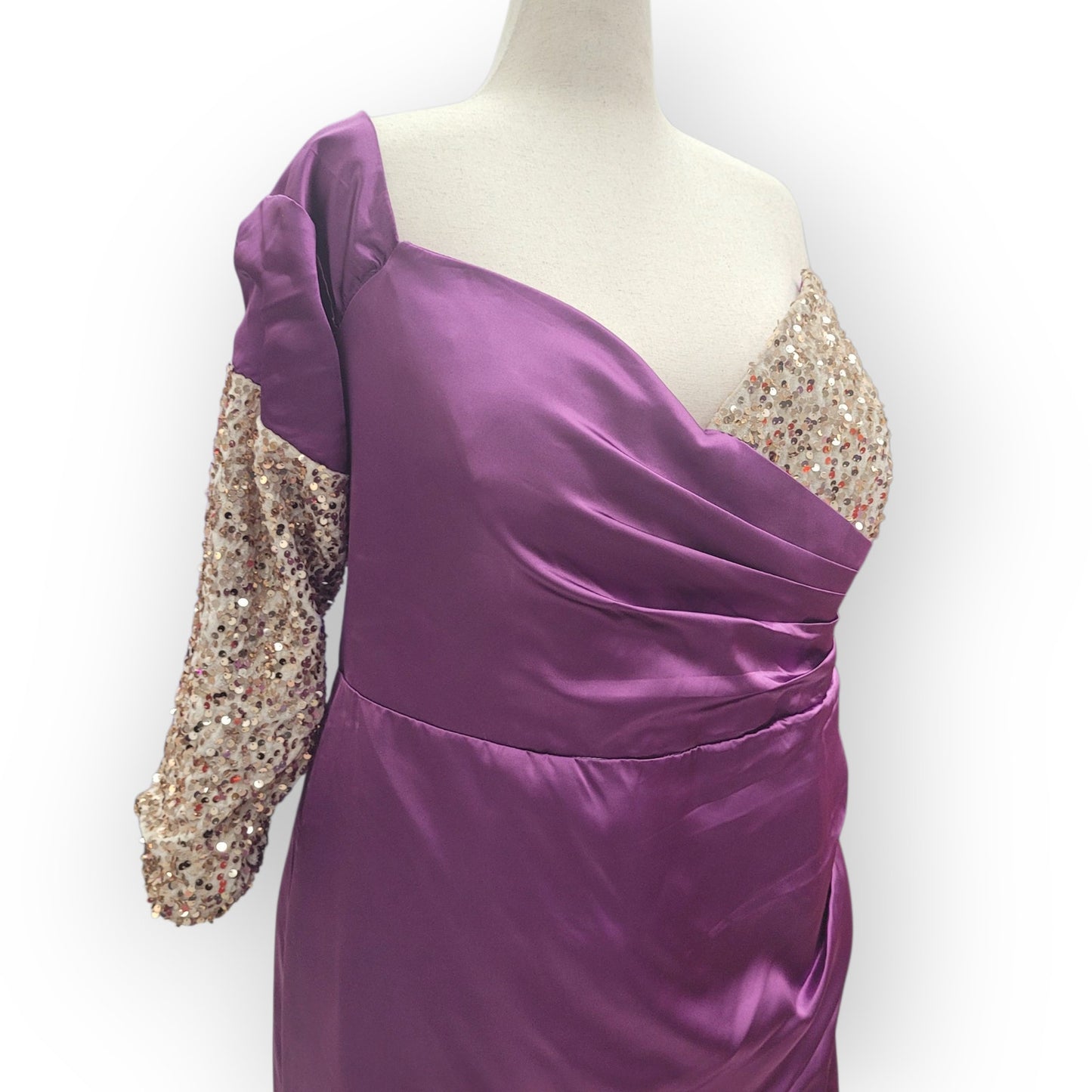 Asymmetric Purple Gown with Gold Sequins and Side Train