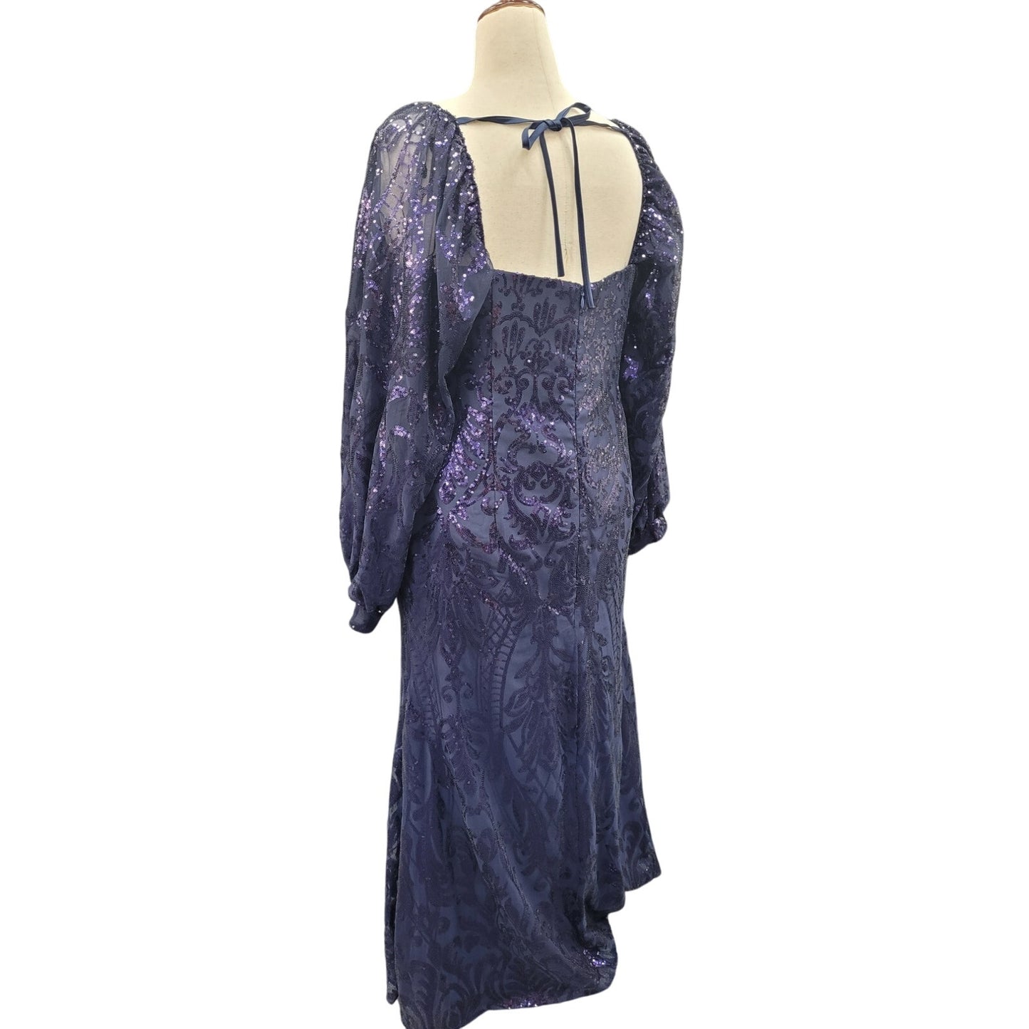 Long Sleeved Patterned Sequin Gown in Navy Blue