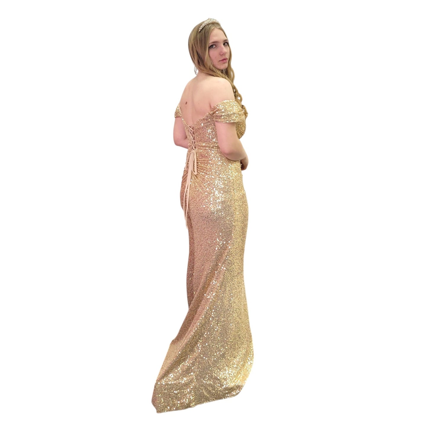 Gold Sequin Evening Gown with Off Shoulder Sleeves and Leg Slit