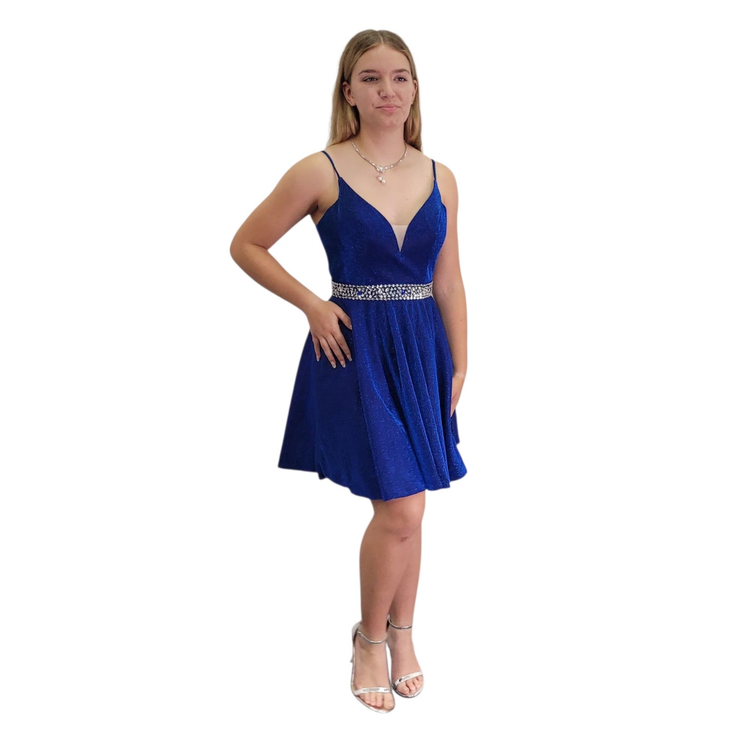 Short Sparkle Blue Cocktail Dress with Deep V Neckline