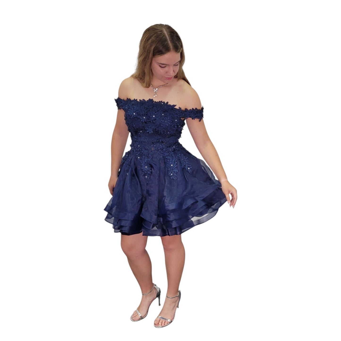 Short Detailed Flower Cocktail Dress with Off Shoulder Straps and Corset