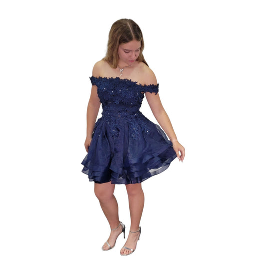 Short Detailed Flower Cocktail Dress with Off Shoulder Straps and Corset