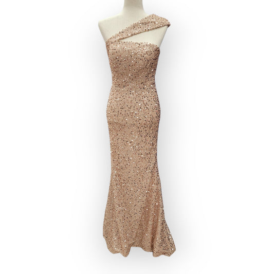 Fitted Beige Champagne Sequin Gown with Asymmetric Shoulder Strap