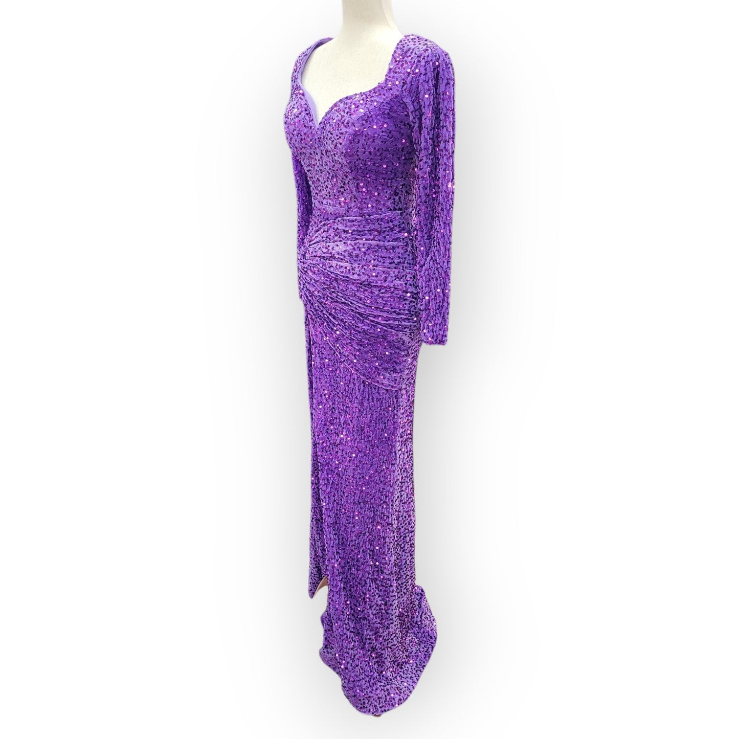 Fitted Long Sleeve Sequin Gown with Leg Slit and Corset Back
