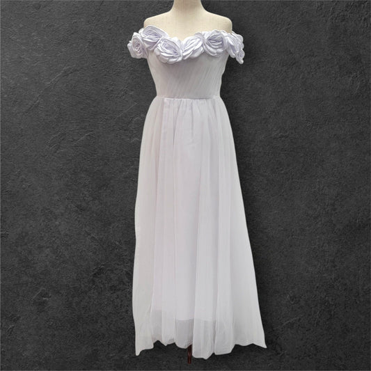 Rose Adorned Wedding Dress with Off Shoulder Sleeves and Corset Back