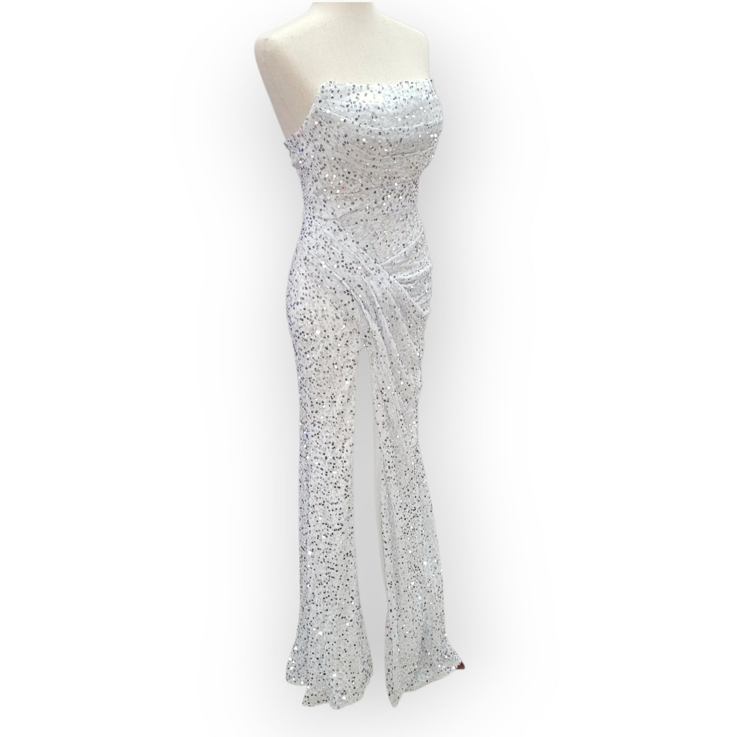 Strapless Sequin Gown with Leg Slit and Corset Back