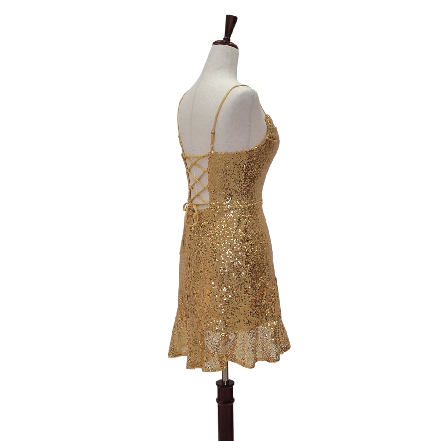 Women's Short Gold Sequin Dress with Corset Back