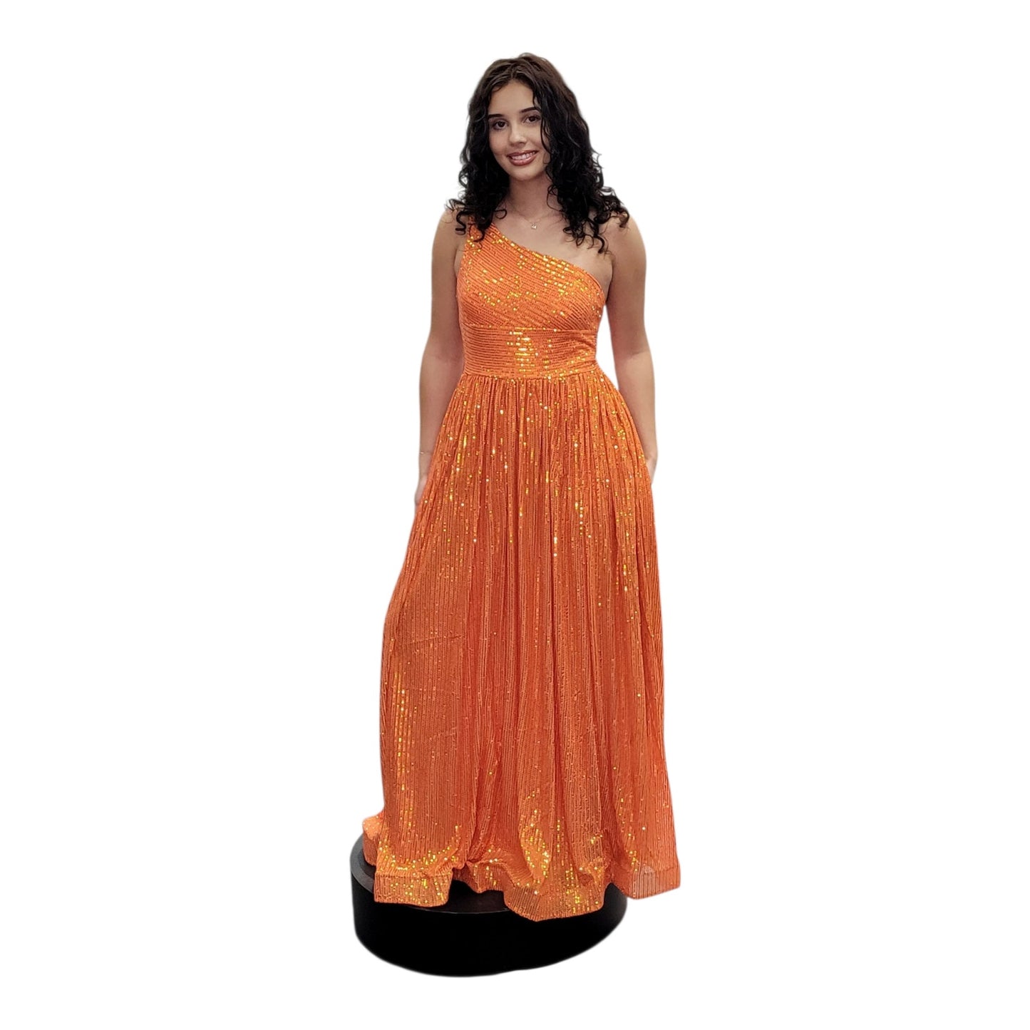 Fun Tangerine Orange One Shoulder Sequin Gown