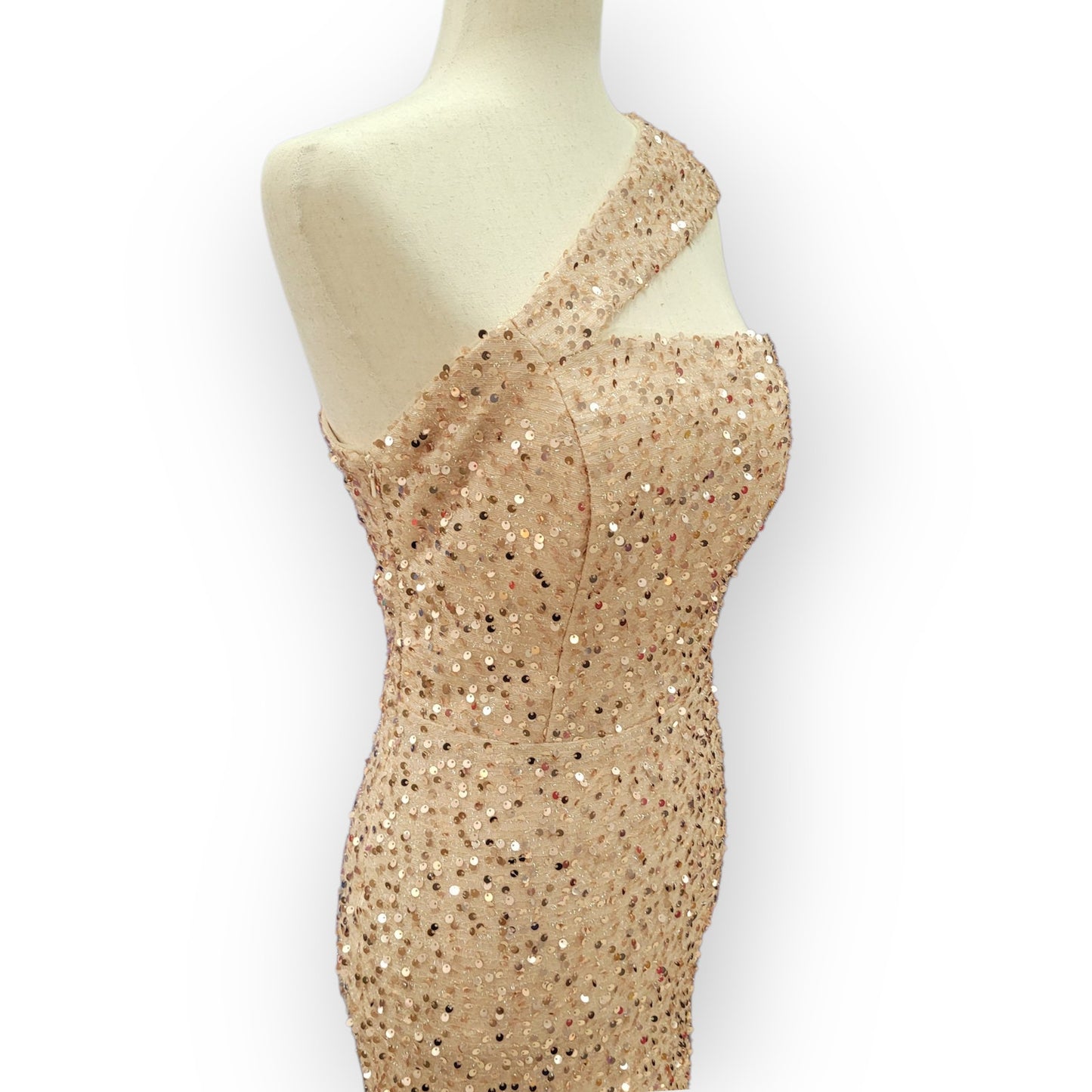 Fitted Beige Champagne Sequin Gown with Asymmetric Shoulder Strap