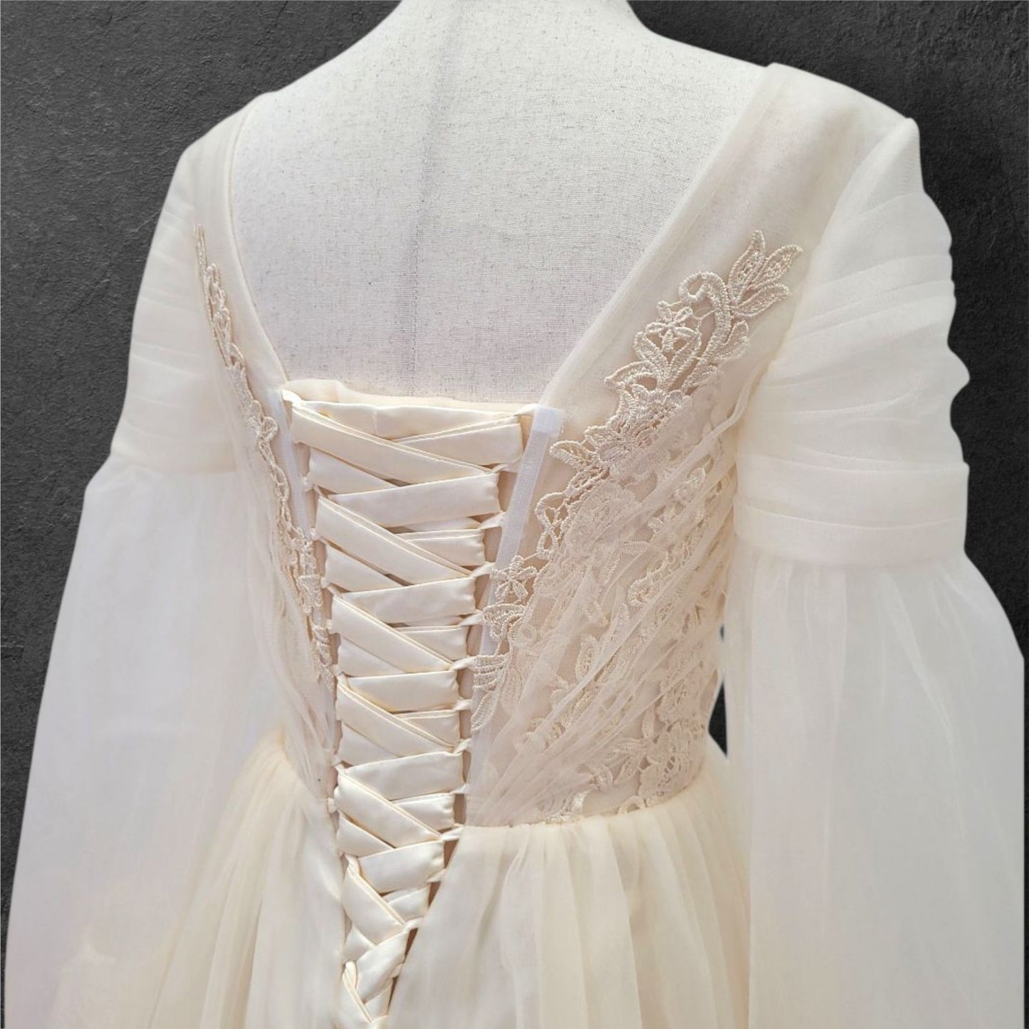A Line Champagne Wedding Dress with Long Tulle Sleeves and Full Corset