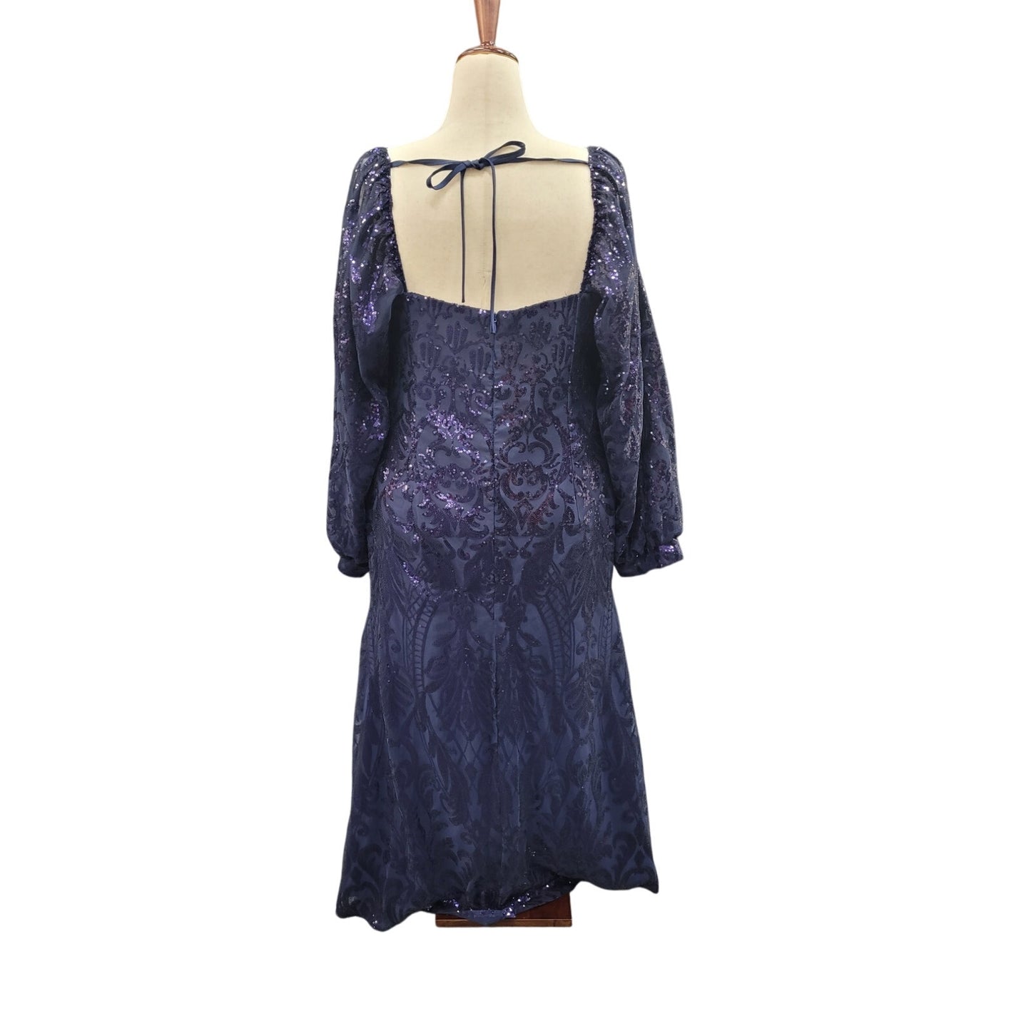 Long Sleeved Patterned Sequin Gown in Navy Blue