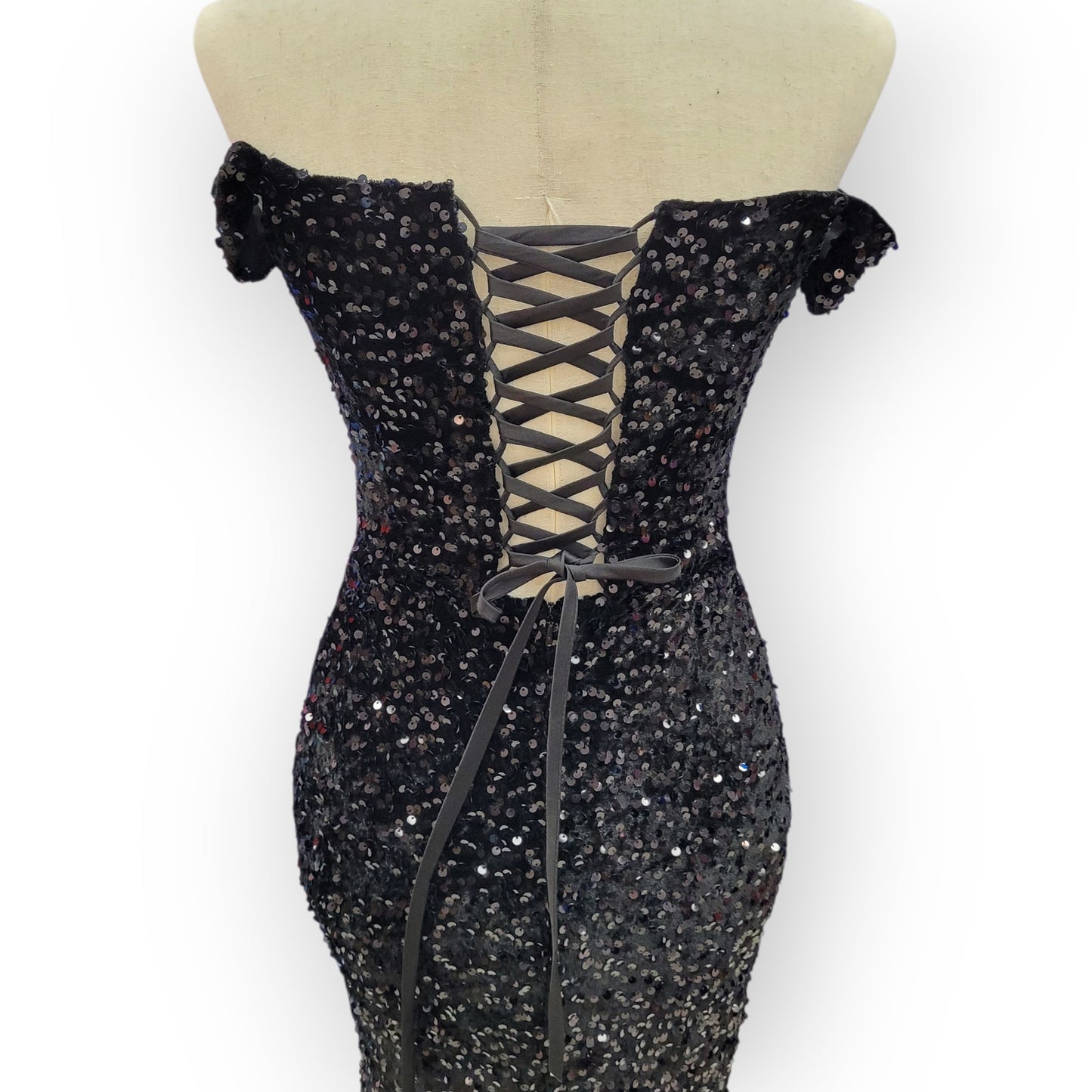 Sultry Off Shoulder Sequin Gown with Corset and Slit