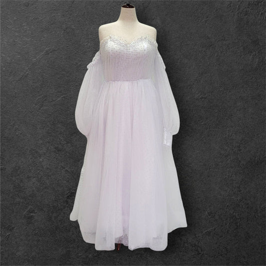 Fun Polka Dot Tulle Wedding Dress with Off Shoulder Sleeves