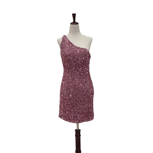 Women's Short One Shoulder Strappy Sequin Dress in Pink Mauve
