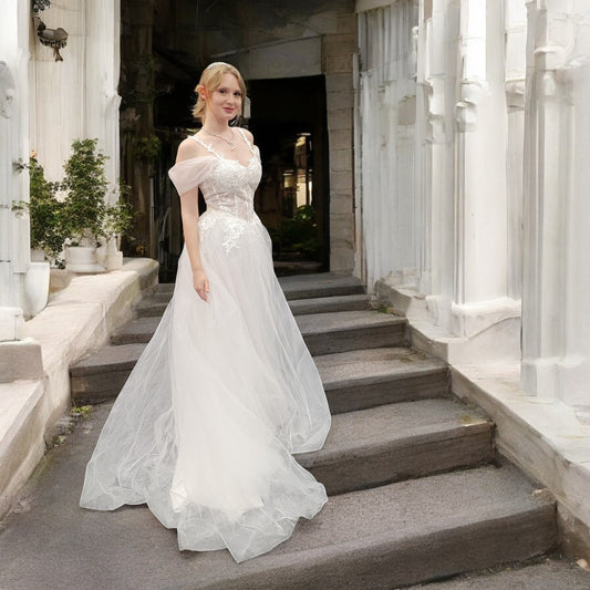 Tulle Off-Shoulder Ballgown Wedding Dress with Corset Boning
