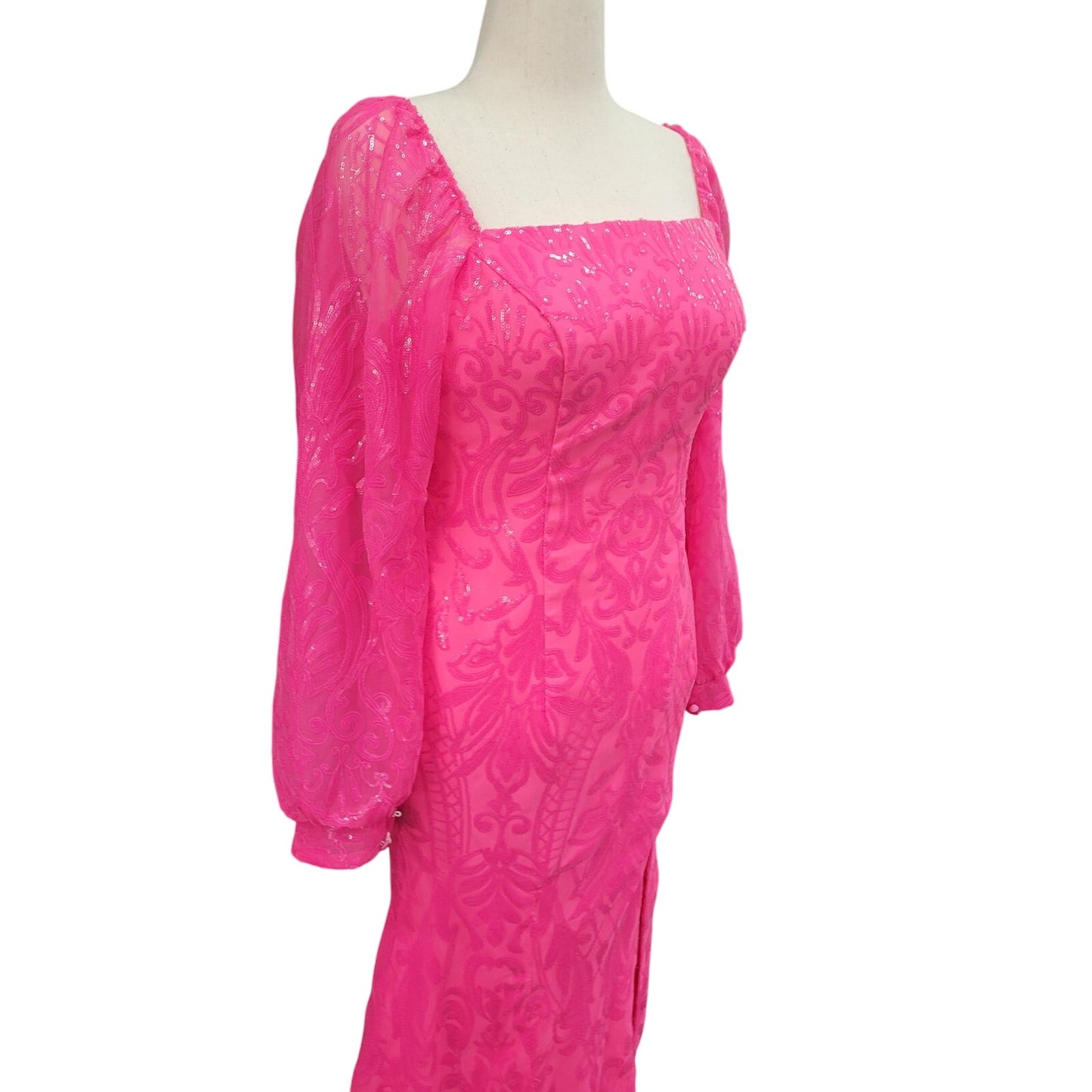 Long Sleeved Patterned Sequin Gown Size 16 Hot Pink