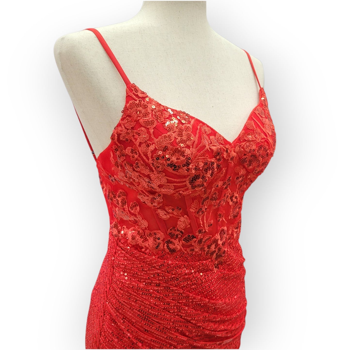 Bright Red Sequin Evening Gown with Detailed Bodice