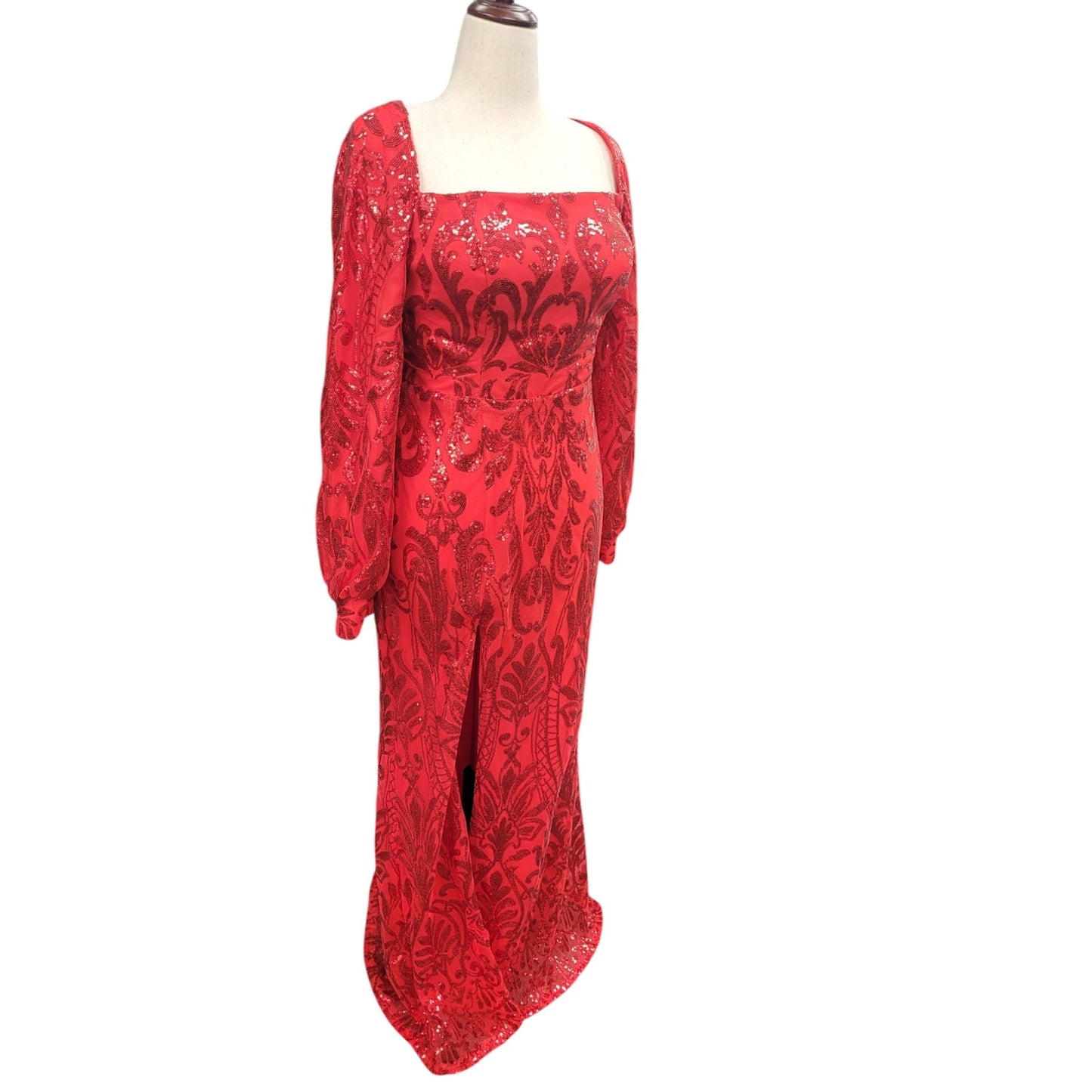 Long Sleeved Patterned Sequin Gown Bright Red Size 12