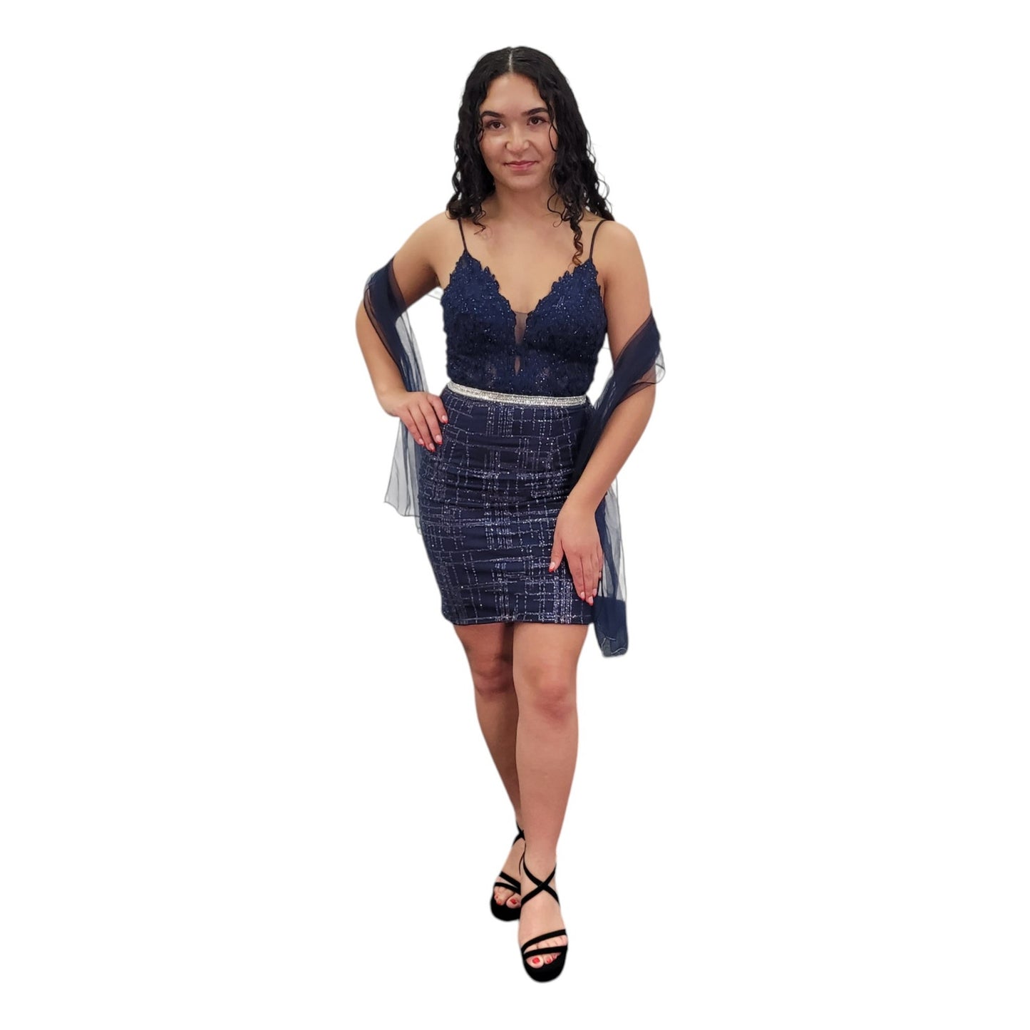 Short Sparkle Cocktail Dress with Silver Belt and Low Back
