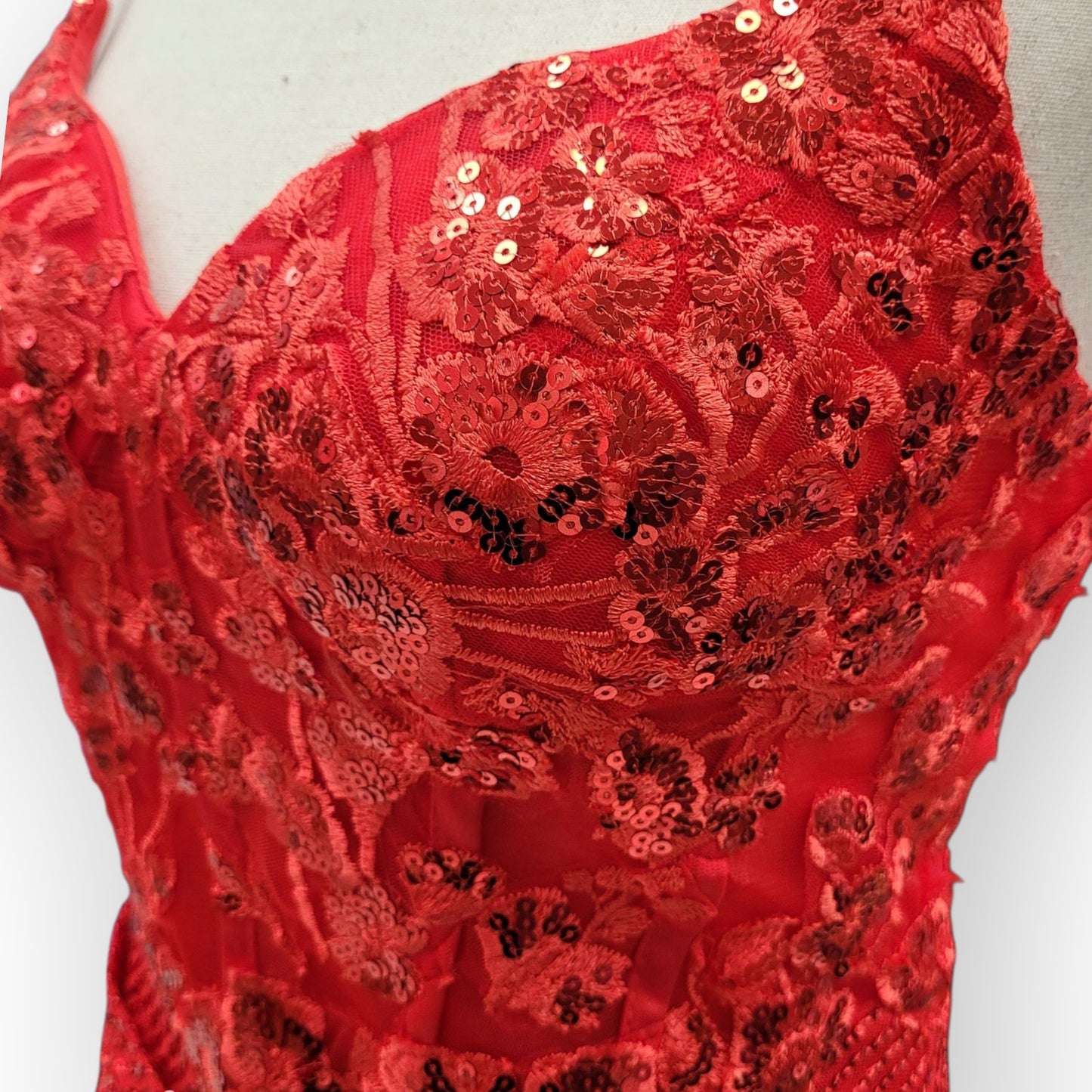 Bright Red Sequin Evening Gown with Detailed Bodice