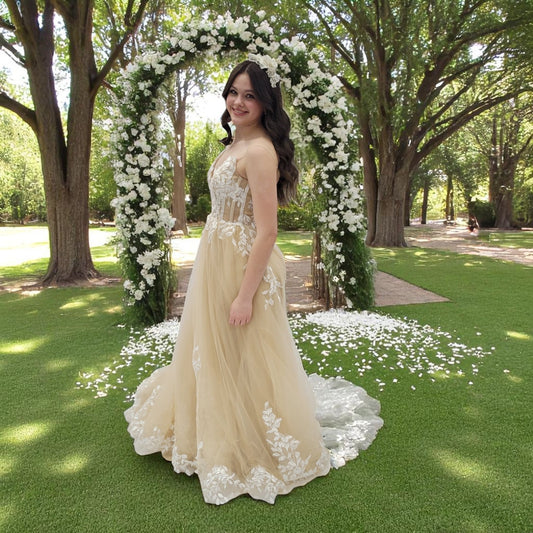 Beige Ballgown Wedding Dress with White Floral Appliques
