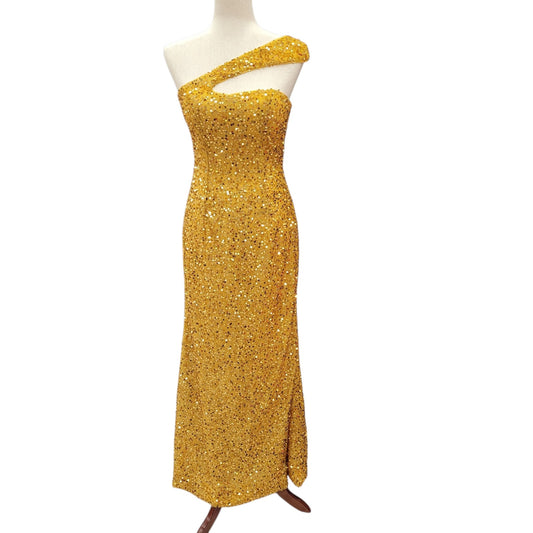 Fitted Gold Sequin Gown with Asymmetric Shoulder Strap