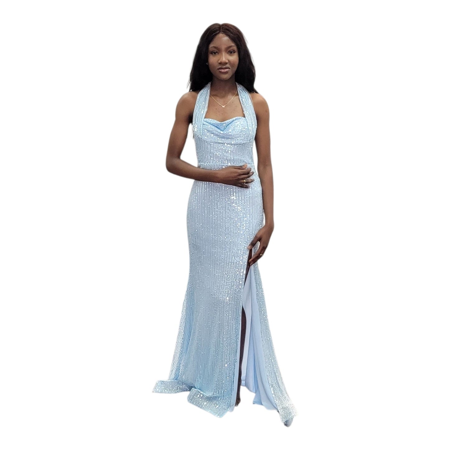 Light Blue Fitted Sequin Gown with Halter Strap
