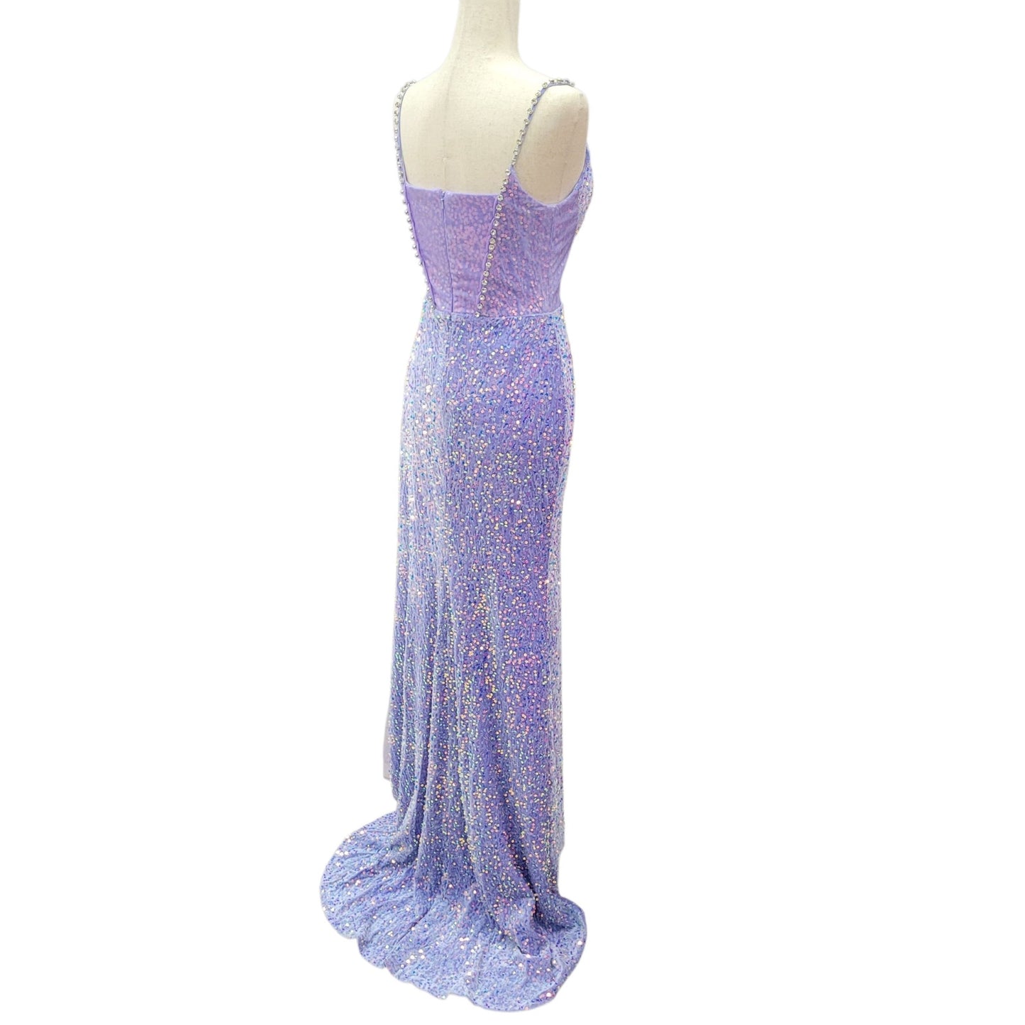 Fitted Iridescent Sequin Gown with Pearl Detail Bust and Tulle Side Train