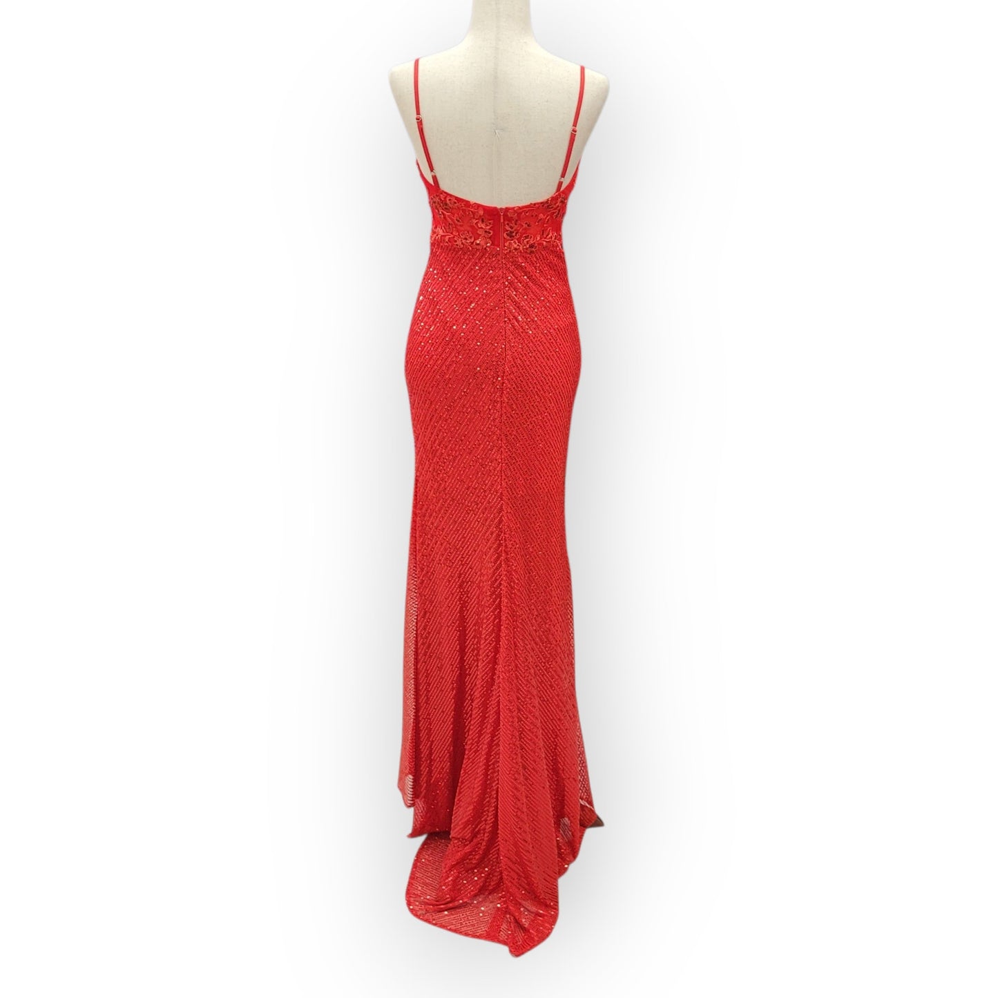 Bright Red Sequin Evening Gown with Detailed Bodice
