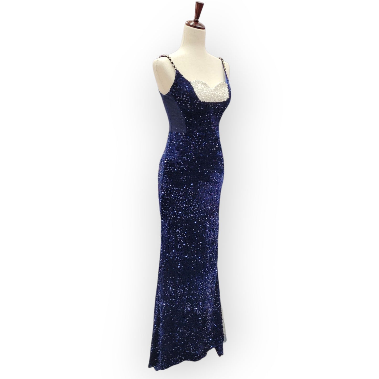 Fitted Navy Blue Sequin Gown with Pearl Detail Bust and Tulle Side Train