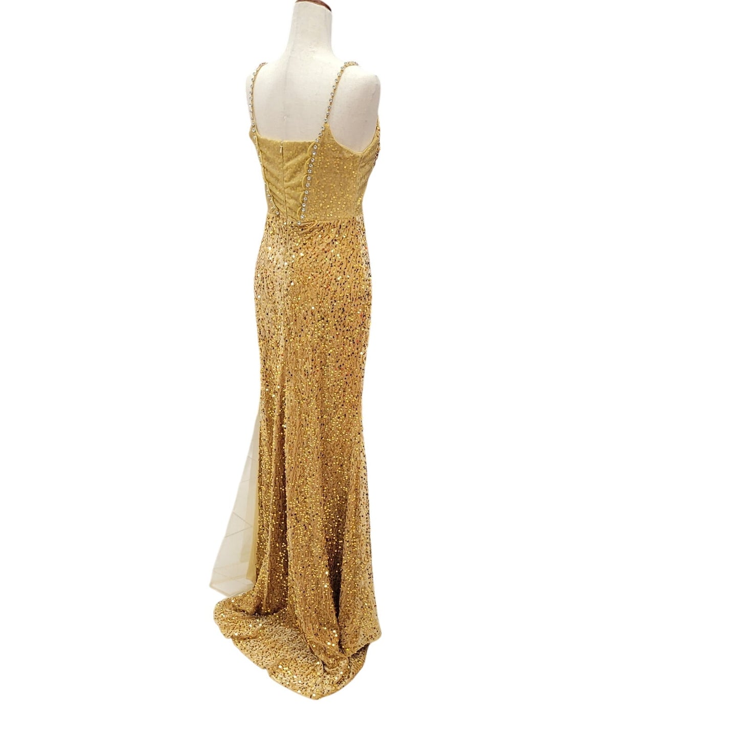 Fitted Gold Sequin Gown with Pearl Detail Bust and Tulle Side Train