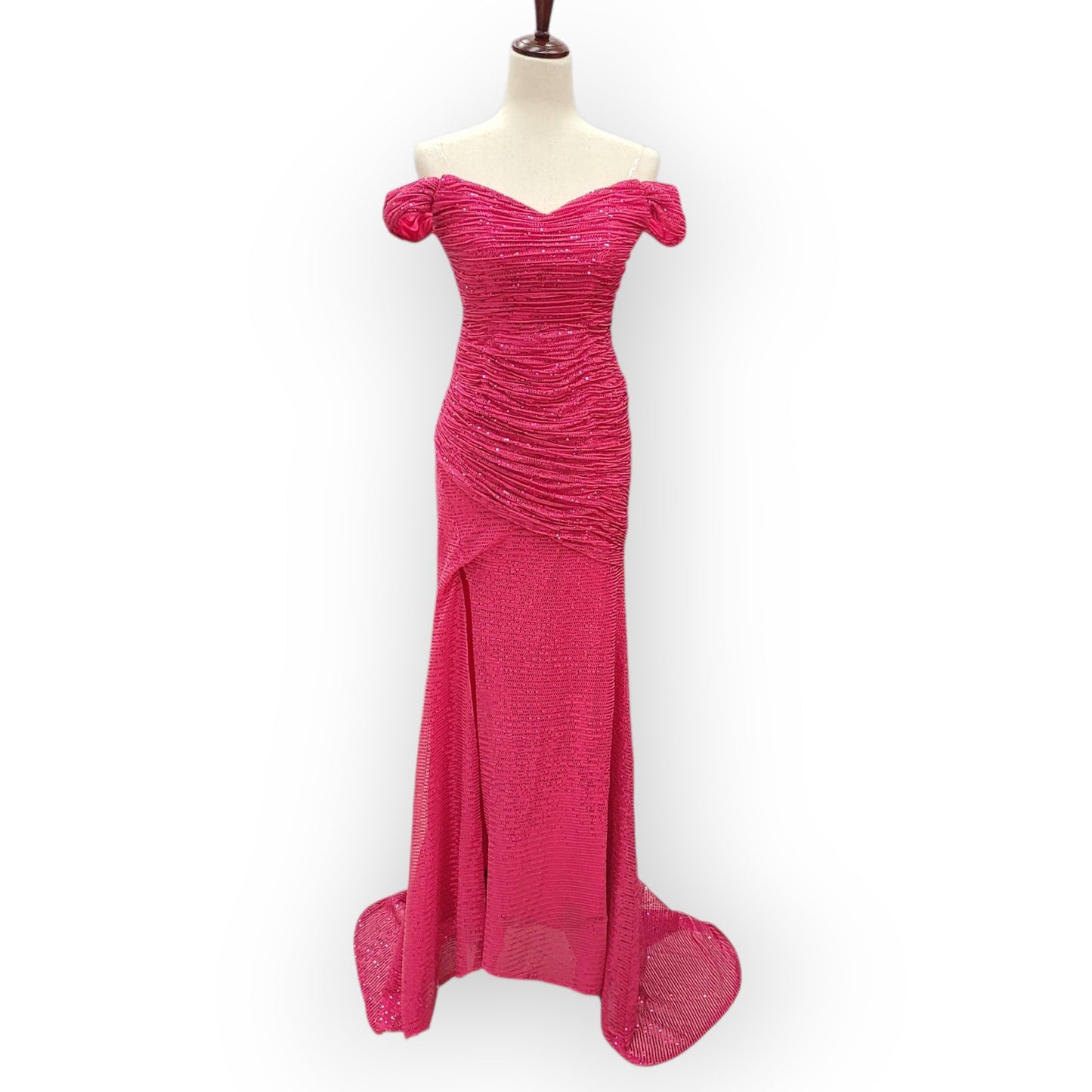 Hot Pink Sequin Evening Gown with Off-Shoulder Sleeves and Train
