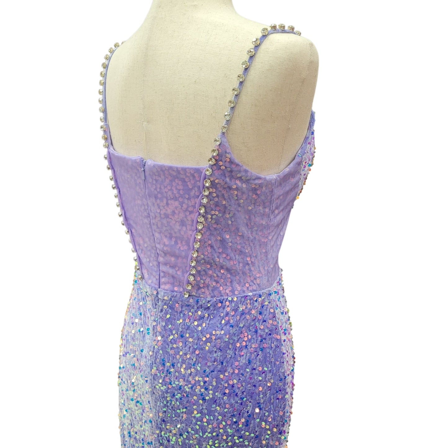 Fitted Iridescent Sequin Gown with Pearl Detail Bust and Tulle Side Train