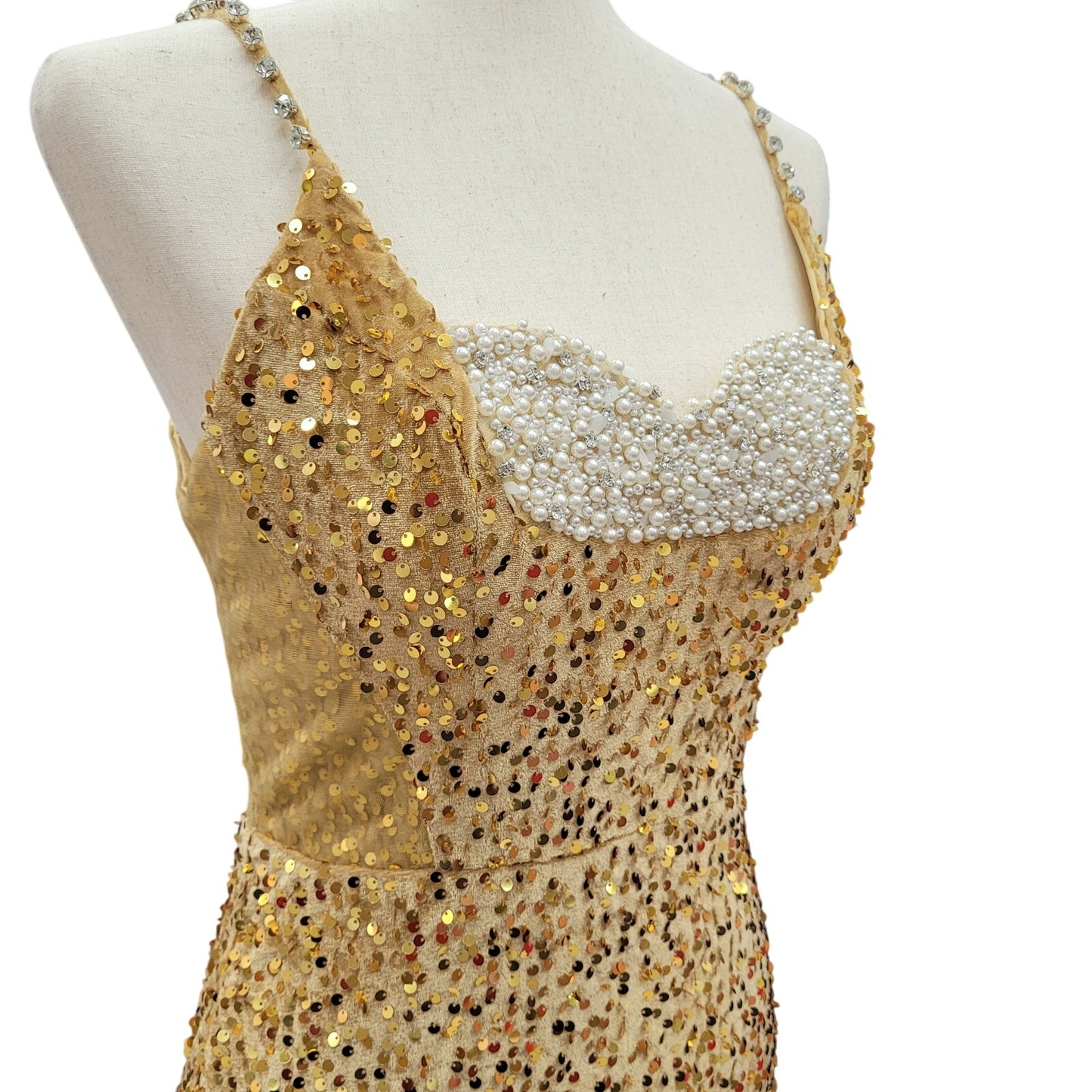 Fitted Gold Sequin Gown with Pearl Detail Bust and Tulle Side Train