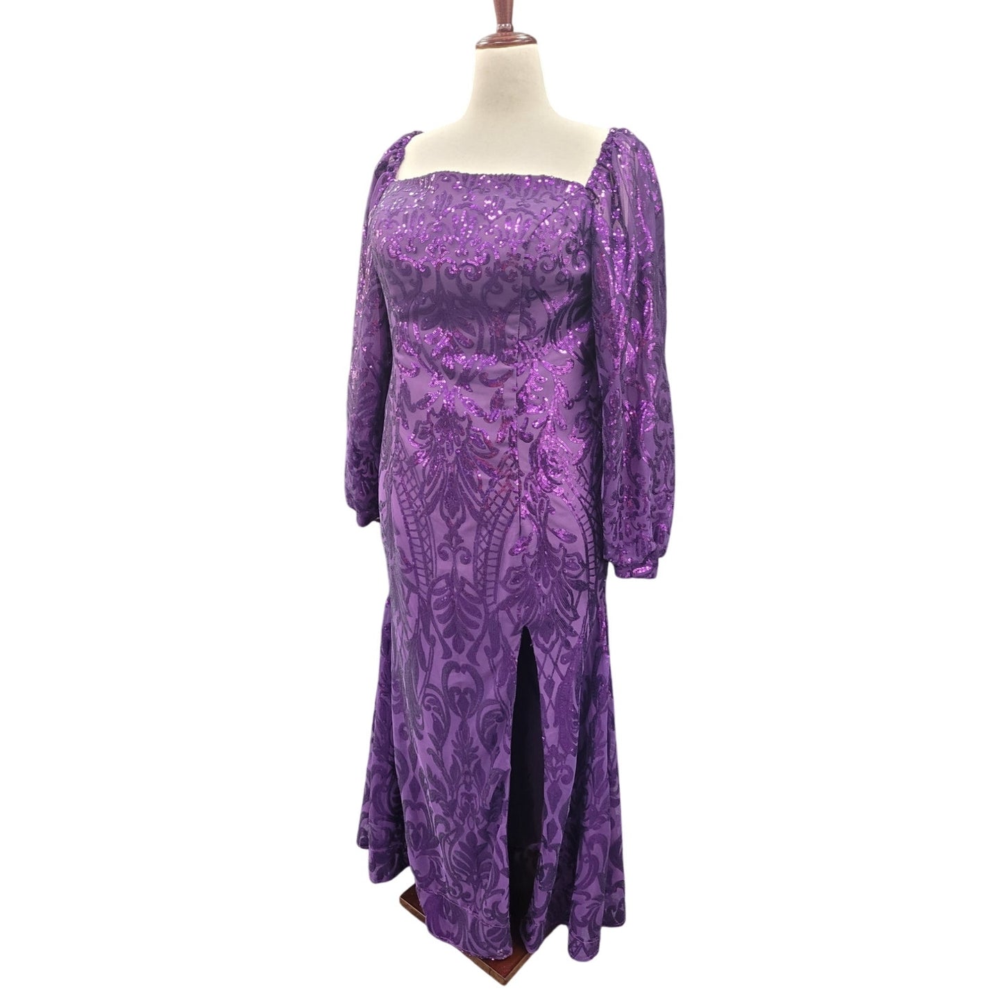 Long Sleeved Patterned Sequin Gown in Purple