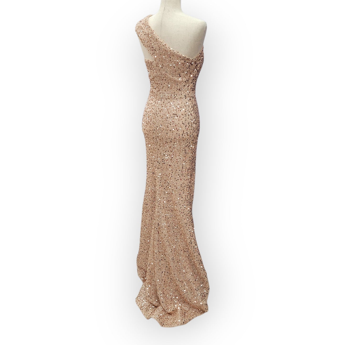 Fitted Beige Champagne Sequin Gown with Asymmetric Shoulder Strap