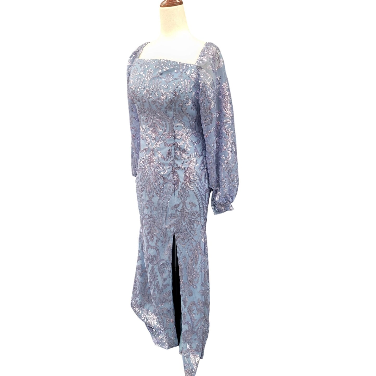 Long Sleeved Patterned Sequin Gown in Blue