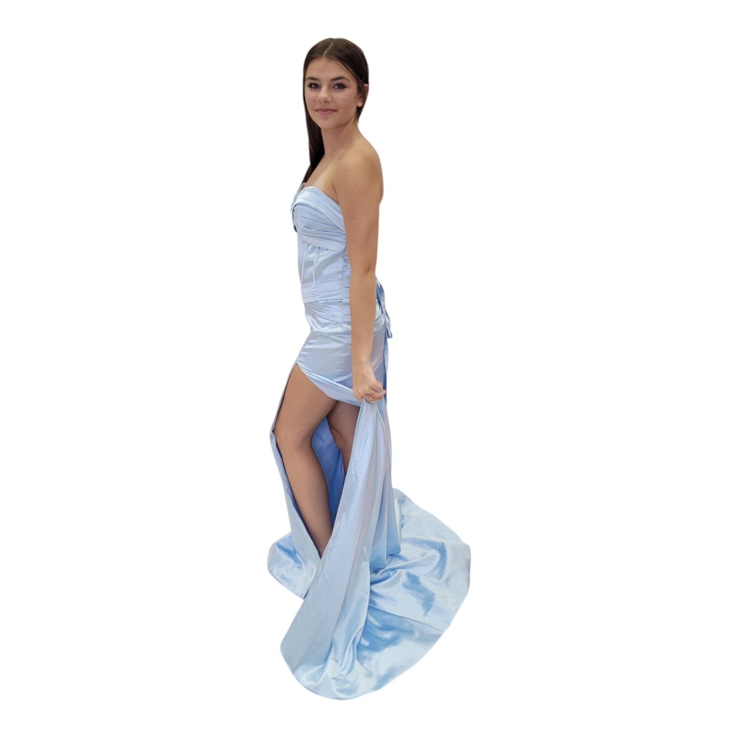 Strapless Satin Evening Gown with Front Cutout in Icy Blue with Corset Back