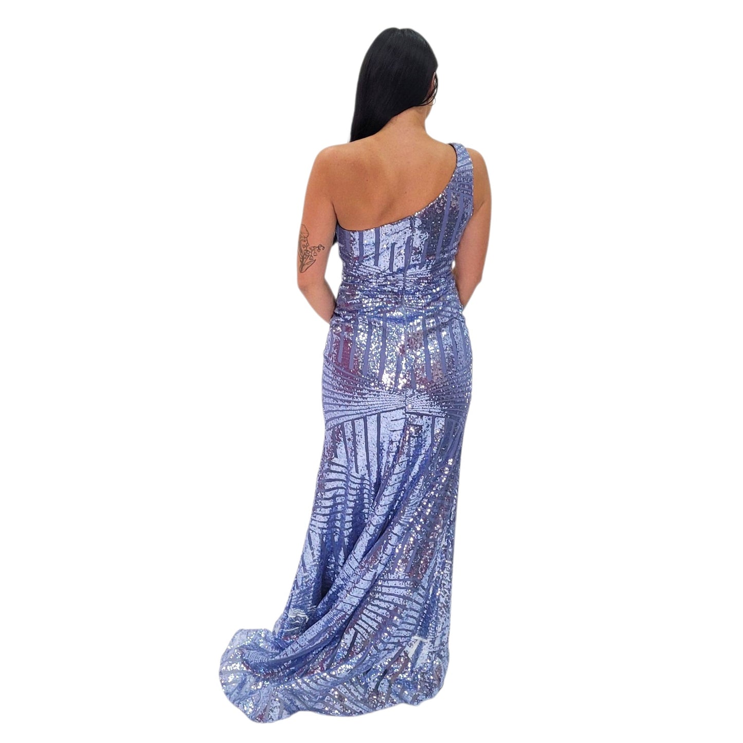Light Blue Patterned Sequin Evening Gown with One Shoulder