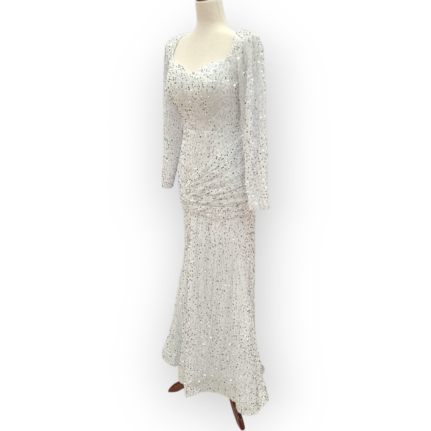 Fitted Long Sleeve Sequin Gown with Leg Slit and Corset Back