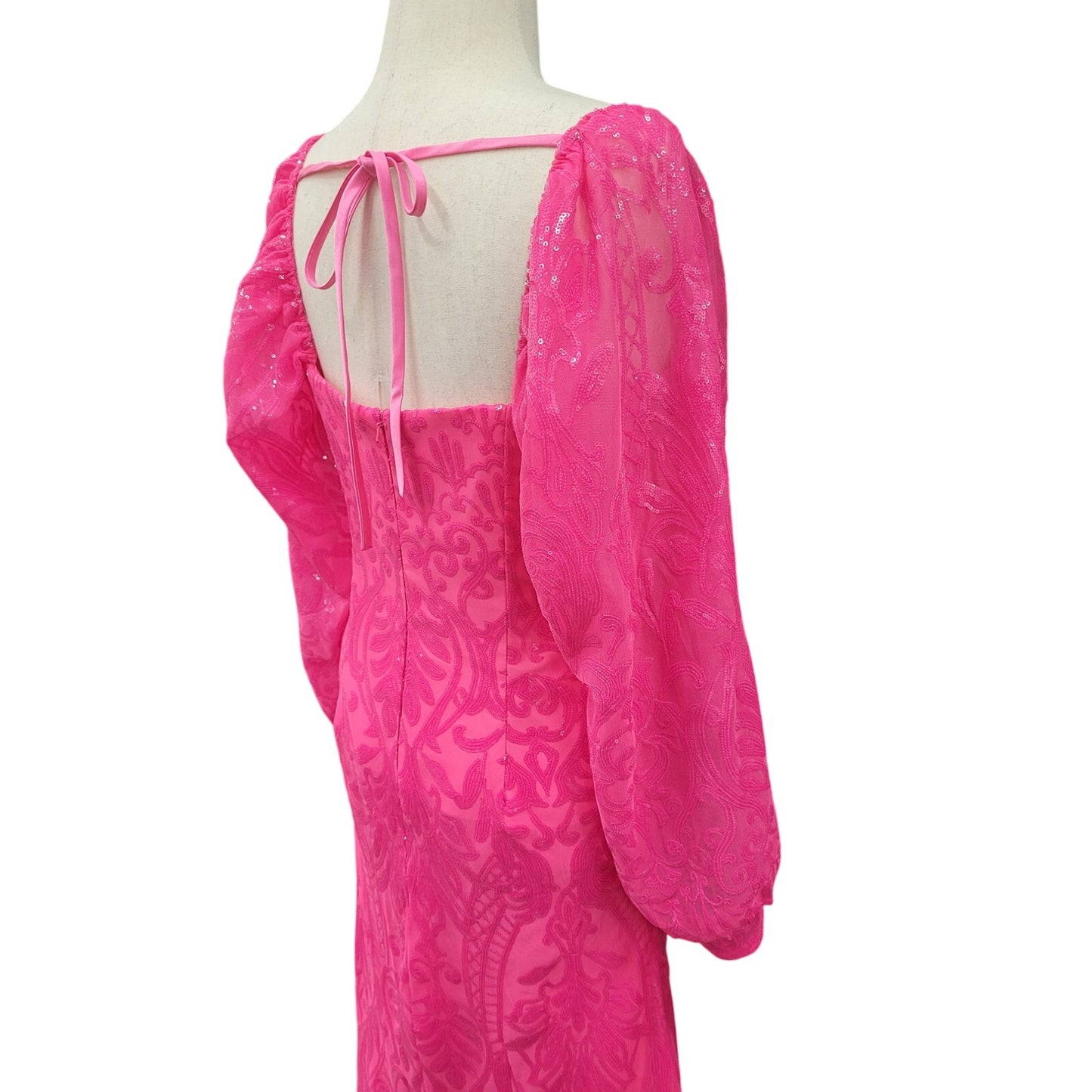 Long Sleeved Patterned Sequin Gown Size 16 Hot Pink