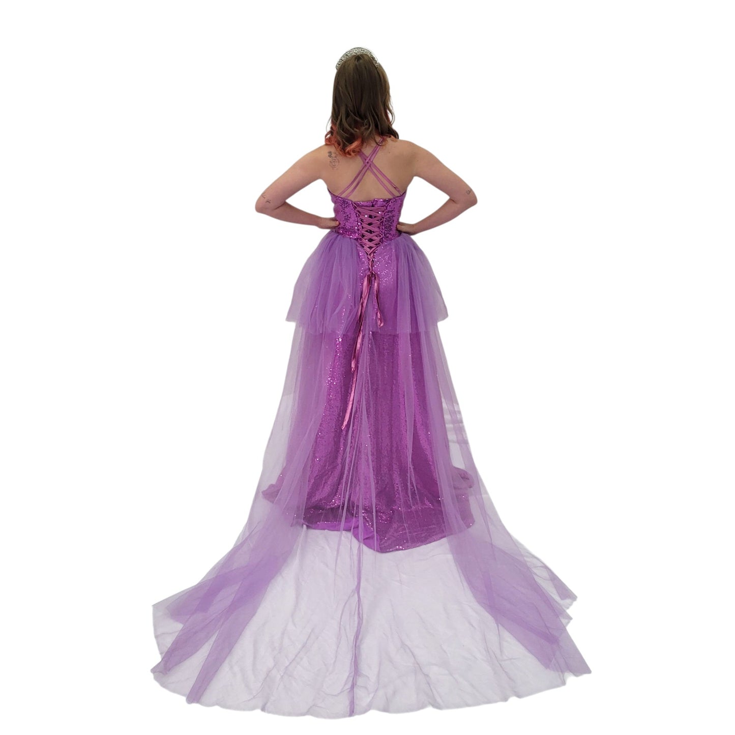 Sequin Gown with Sweetheart Neckline Cross Back Straps Corset Back Train