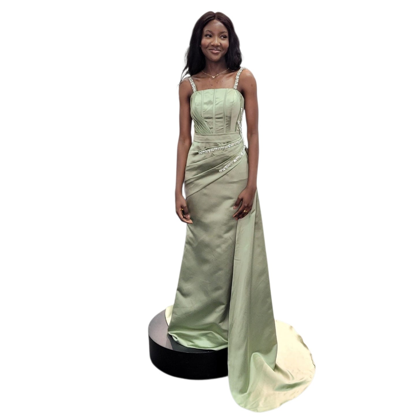 Satin Evening Gown with Full Corset Back and Large Crystal Bodice and Straps