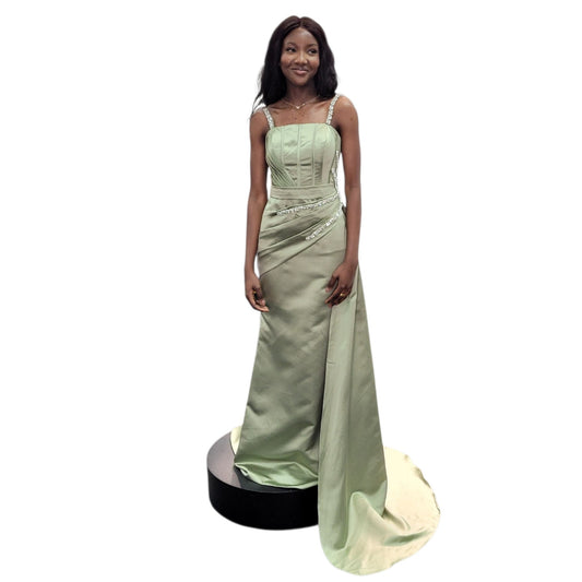 Satin Evening Gown with Full Corset Back and Large Crystal Bodice and Straps